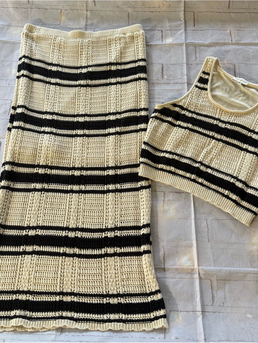 Striped Crochet Maxi Skirt in Cream and Black